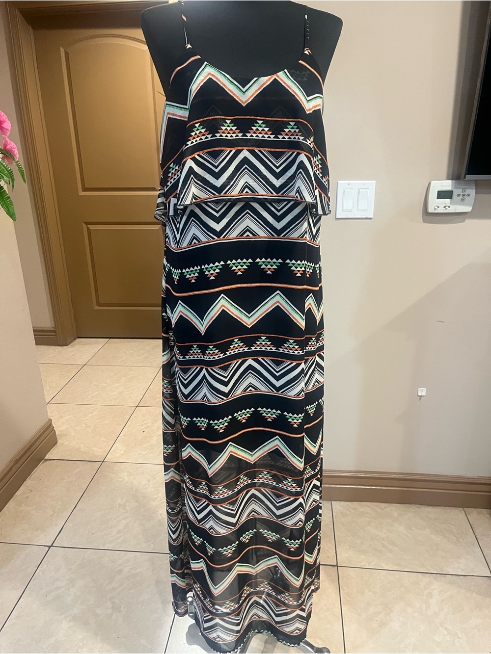 Wet Seal Black Maxi Dress with Teal, Rust & Cream Tribal Print